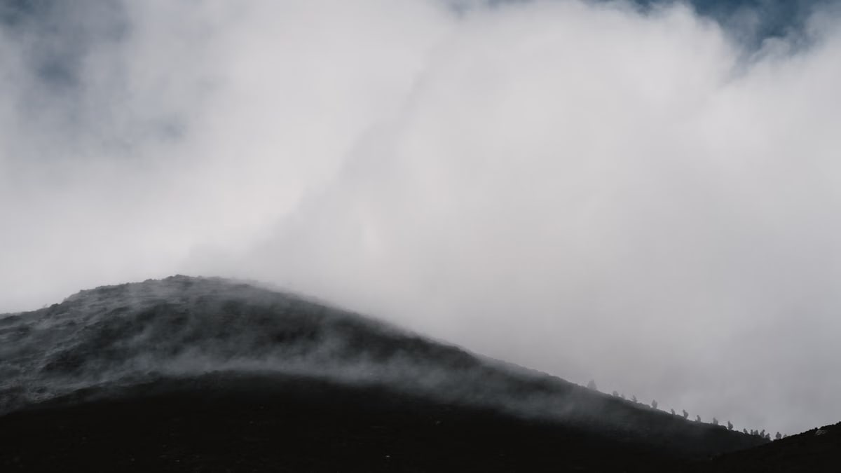 Dramatic view of a misty mountain slope enveloped by dense fog and clouds.